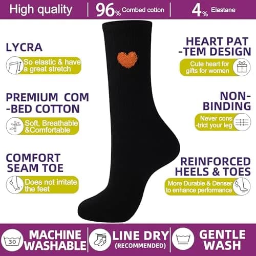 inhees Womens Cotton Crew Calf Socks | Ankle Boot, Heart Design, 6 Pairs, Size 5-9 thumbnail 3