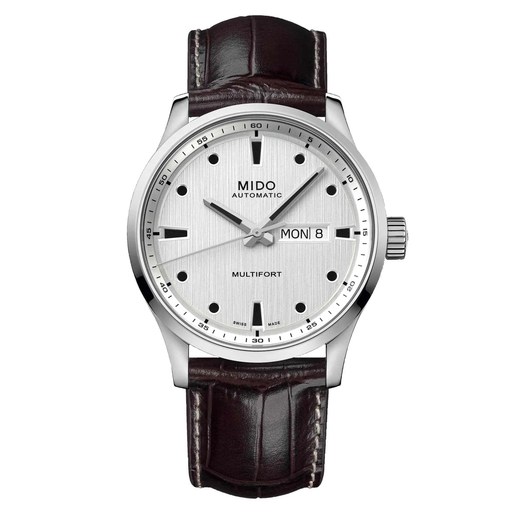 MIDO Multifort Gent Swiss Automatic Mens Watch - Silver Dial - 42mm Stainless Steel — Silver on Brown Leather