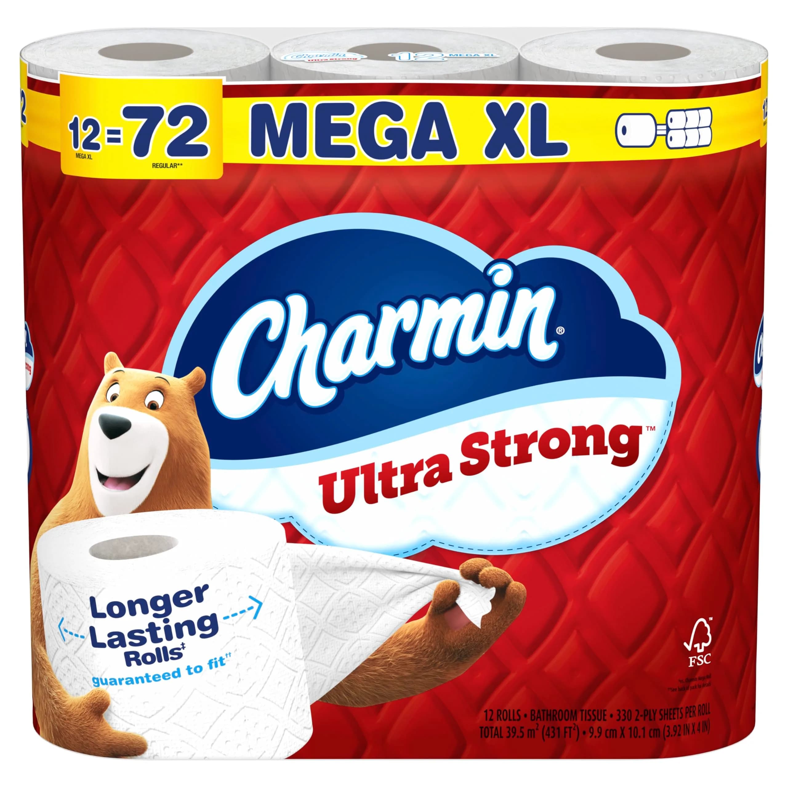 Charmin Ultra Strong Toilet Paper 12 Mega XL Rolls (3960 Sheets Total) | 4X Stronger When Wet