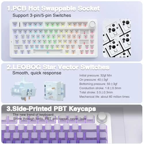 AULA F75 Pro Wireless Mechanical Keyboard,75% RGB Backlit,Custom Linear Switches,Side Printed PBT Keycaps,Gradient Purple thumbnail 5