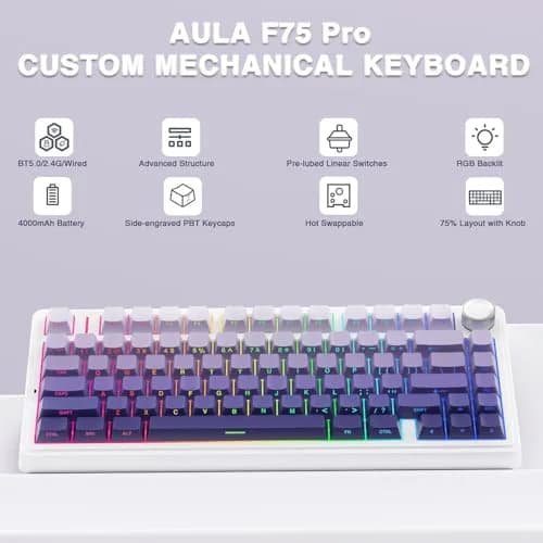 AULA F75 Pro Wireless Mechanical Keyboard,75% RGB Backlit,Custom Linear Switches,Side Printed PBT Keycaps,Gradient Purple thumbnail 2