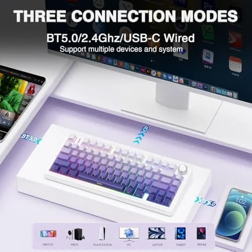 AULA F75 Pro Wireless Mechanical Keyboard,75% RGB Backlit,Custom Linear Switches,Side Printed PBT Keycaps,Gradient Purple thumbnail 3
