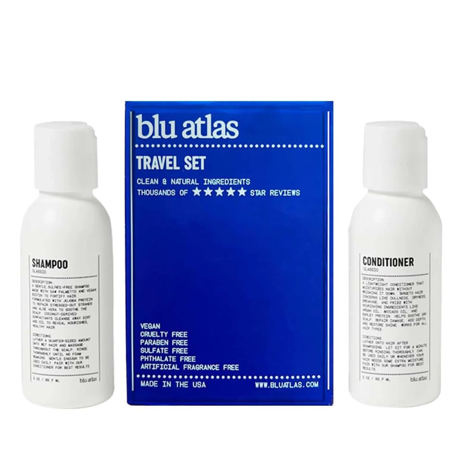 Blu Atlas Travel Size Shampoo & Conditioner Set for Men – TSA Approved, 3 oz Each – Natural, Sulfate-Free, Paraben-Free – Made in USA