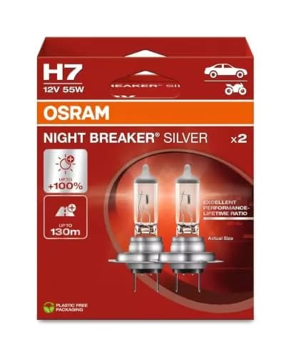 OSRAM Night Breaker Silver H7 Halogen Headlight Bulb 55W 12V 4200K White Light | Brighter Beam Up to 130m thumbnail 1