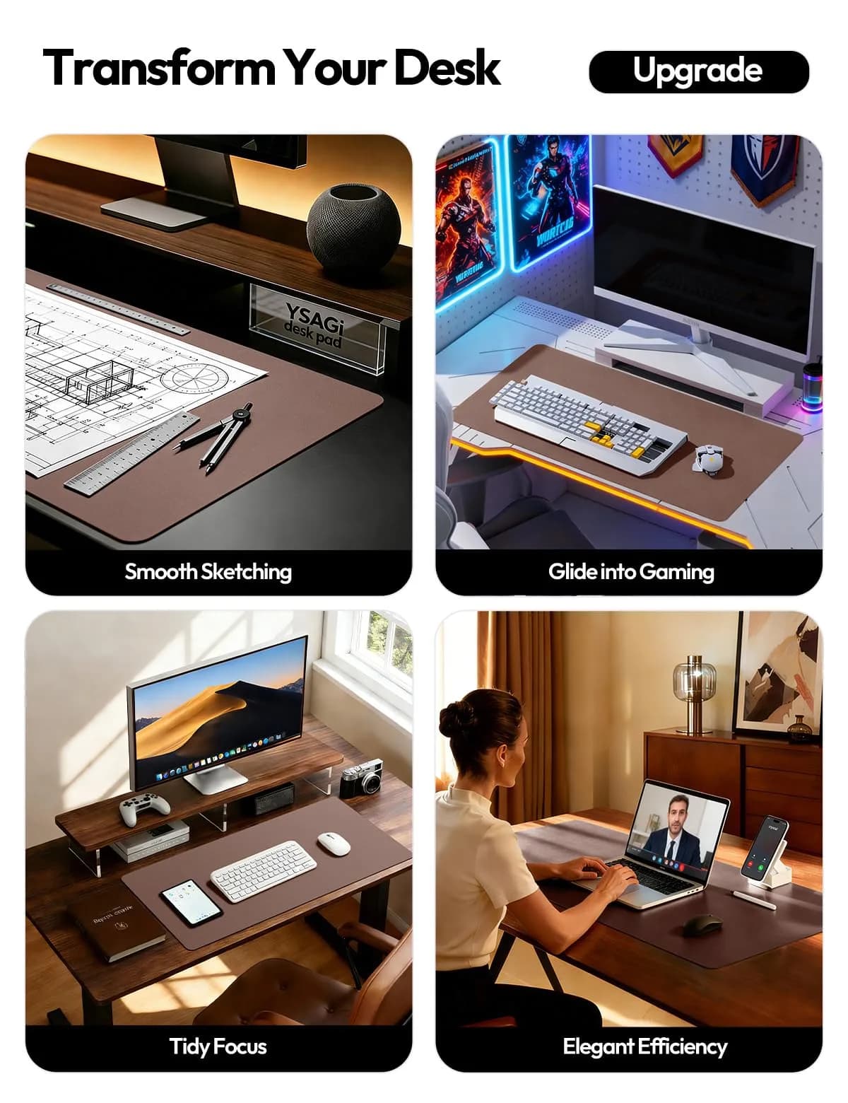 YSAGi Chocolate PU Leather Desk Protector 120cm x 60cm (47.2" x 23.6") | Protects Desks & Doubles as Large Mouse Pad - view 2