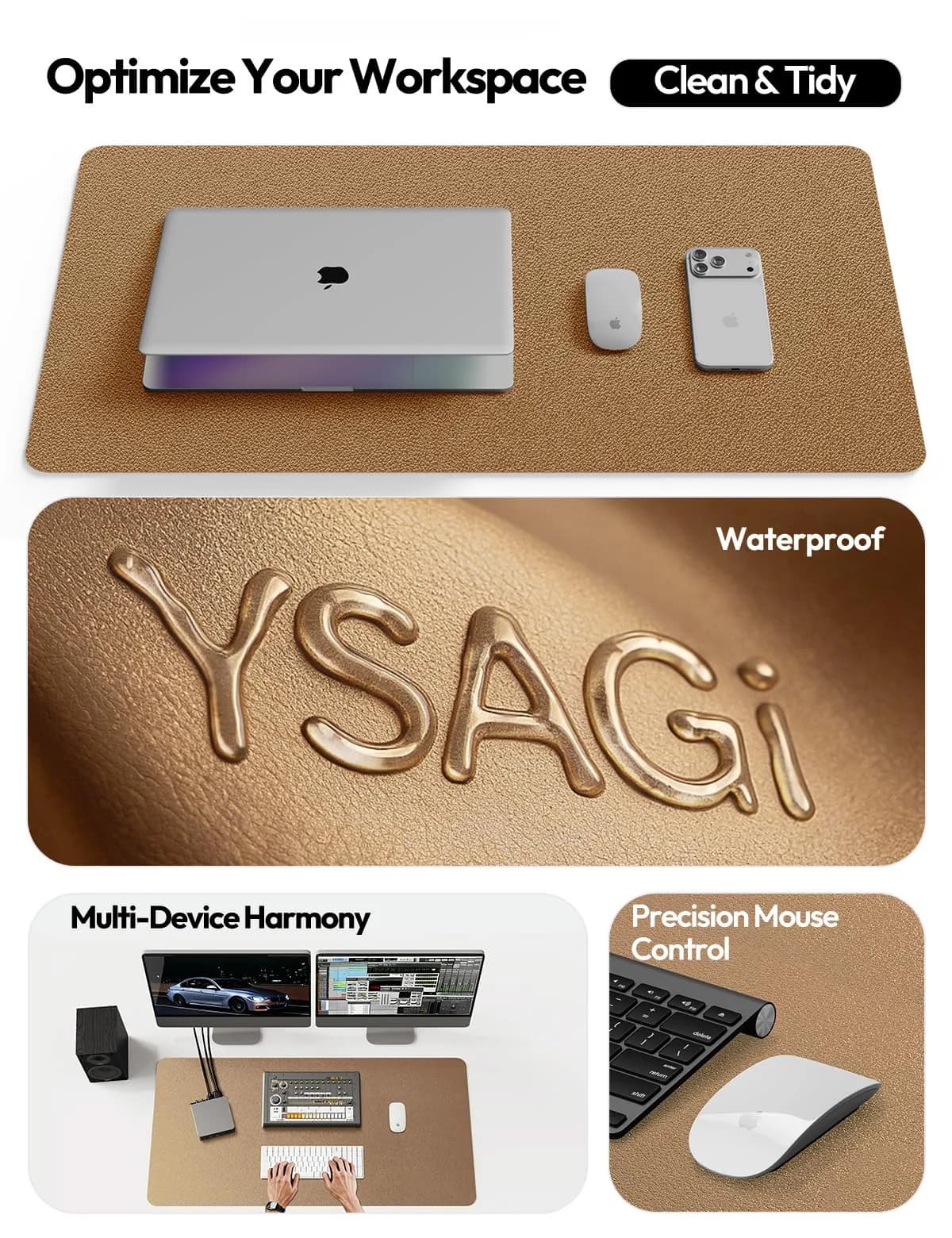 YSAGi PU Leather Desk Protector Mat 59.9cm x 34.9cm (23.6" x 13.8") | Shiny Bronze, Waterproof Writing Pad - view 8