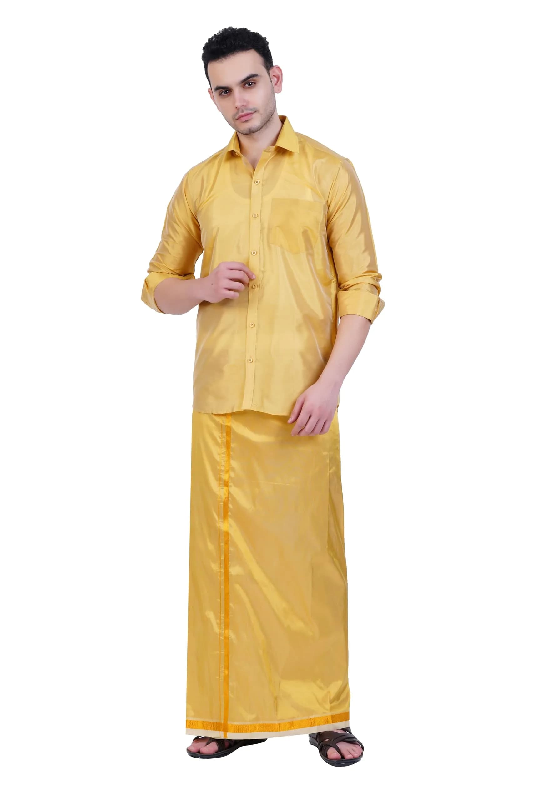 PRAKASAM COTTON Men's Art Silk Wedding Dhoti & Stitched Shirt Set DJ Gold 8 Yard (8Mulam) Dhoti + 46 Size Shirt | Traditional Indian Attire - main product image
