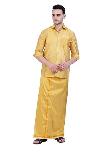 PRAKASAM COTTON Men's Art Silk Wedding Dhoti & Stitched Shirt Set DJ Gold 8 Yard (8Mulam) Dhoti + 46 Size Shirt | Traditional Indian Attire thumbnail 4
