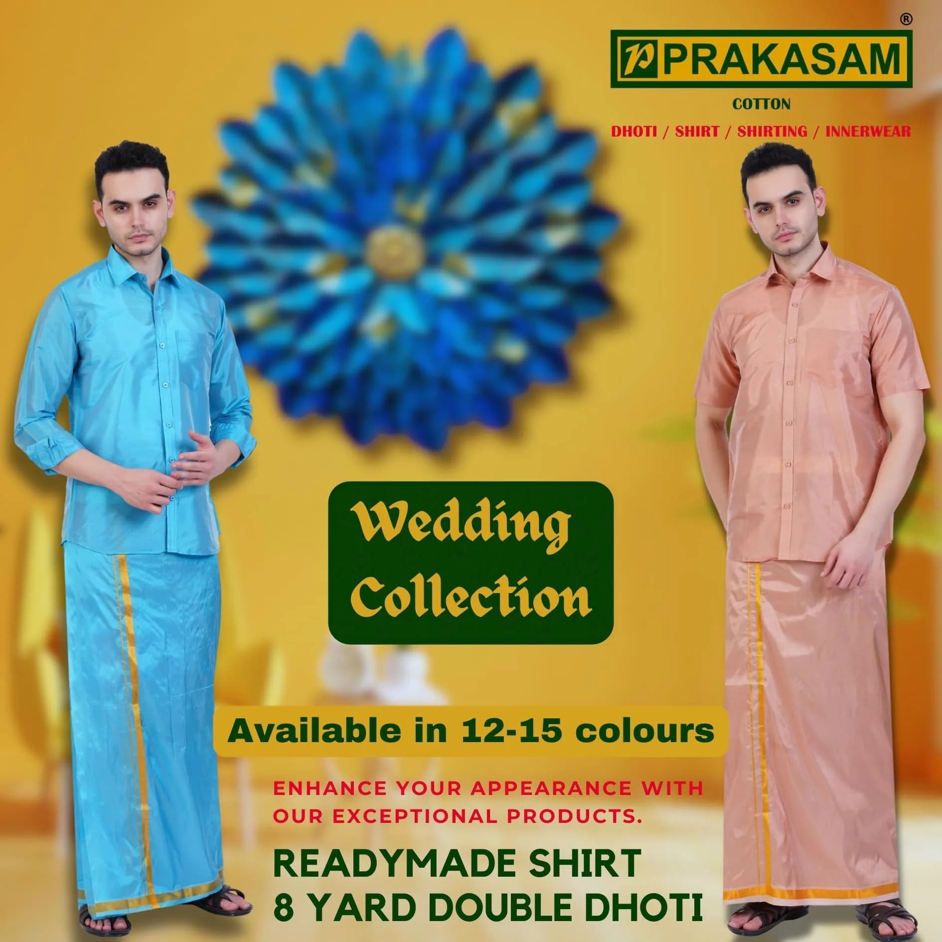 PRAKASAM COTTON Men's Art Silk Wedding Dhoti & Stitched Shirt Set DJ Gold 8 Yard (8Mulam) Dhoti + 46 Size Shirt | Traditional Indian Attire - view 5