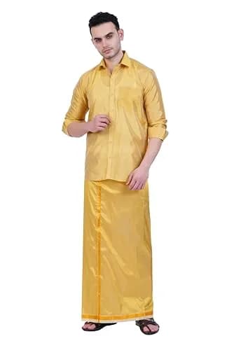 PRAKASAM COTTON Men's Art Silk Wedding Dhoti & Stitched Shirt Set DJ Gold 8 Yard (8Mulam) Dhoti + 46 Size Shirt | Traditional Indian Attire thumbnail 1