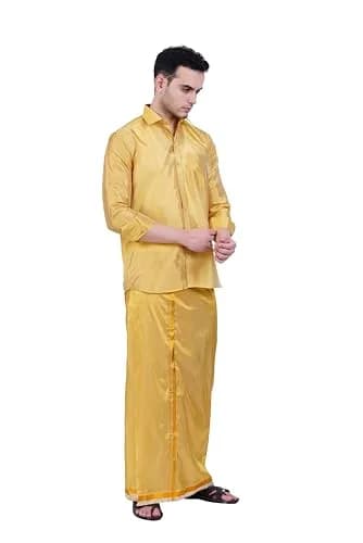 PRAKASAM COTTON Men's Art Silk Wedding Dhoti & Stitched Shirt Set DJ Gold 8 Yard (8Mulam) Dhoti + 46 Size Shirt | Traditional Indian Attire thumbnail 2