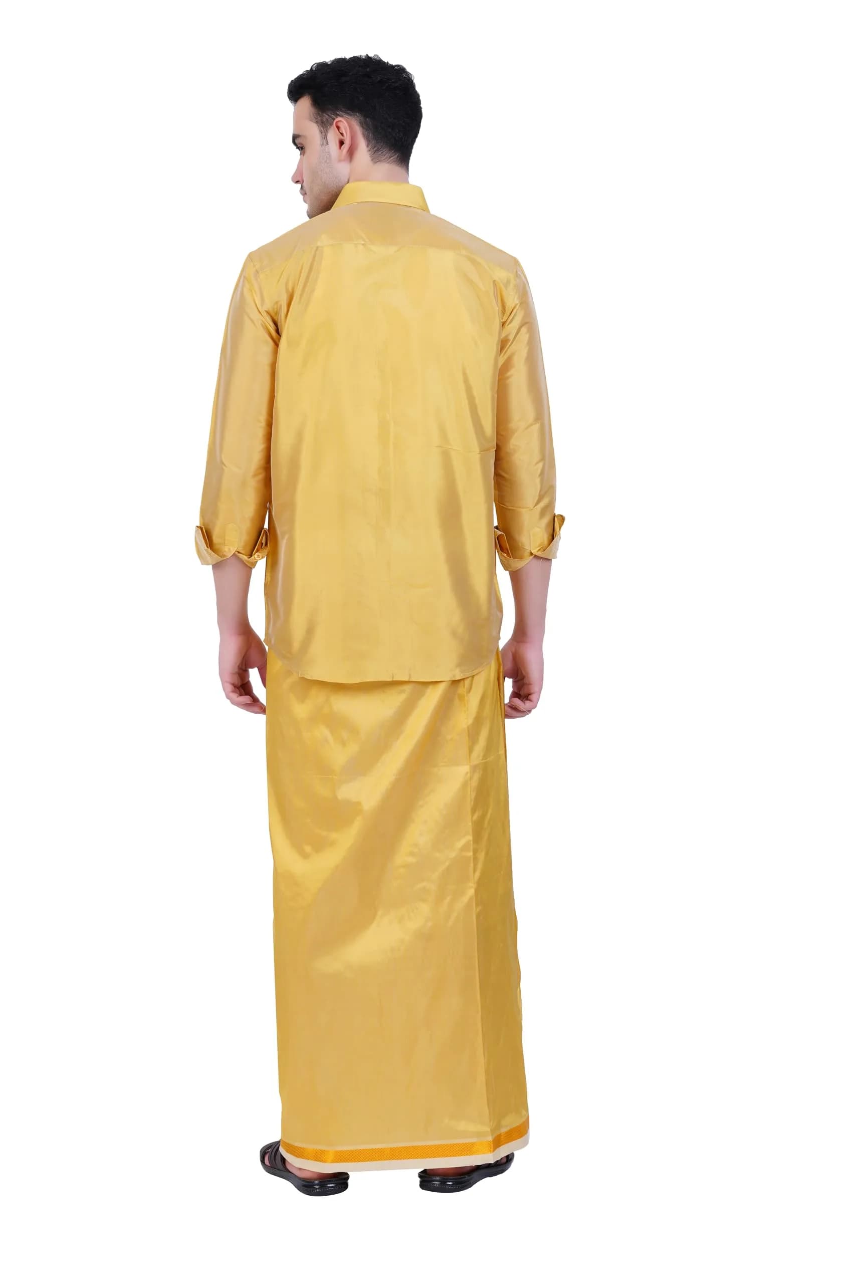 PRAKASAM COTTON Men's Art Silk Wedding Dhoti & Stitched Shirt Set DJ Gold 8 Yard (8Mulam) Dhoti + 46 Size Shirt | Traditional Indian Attire - view 3