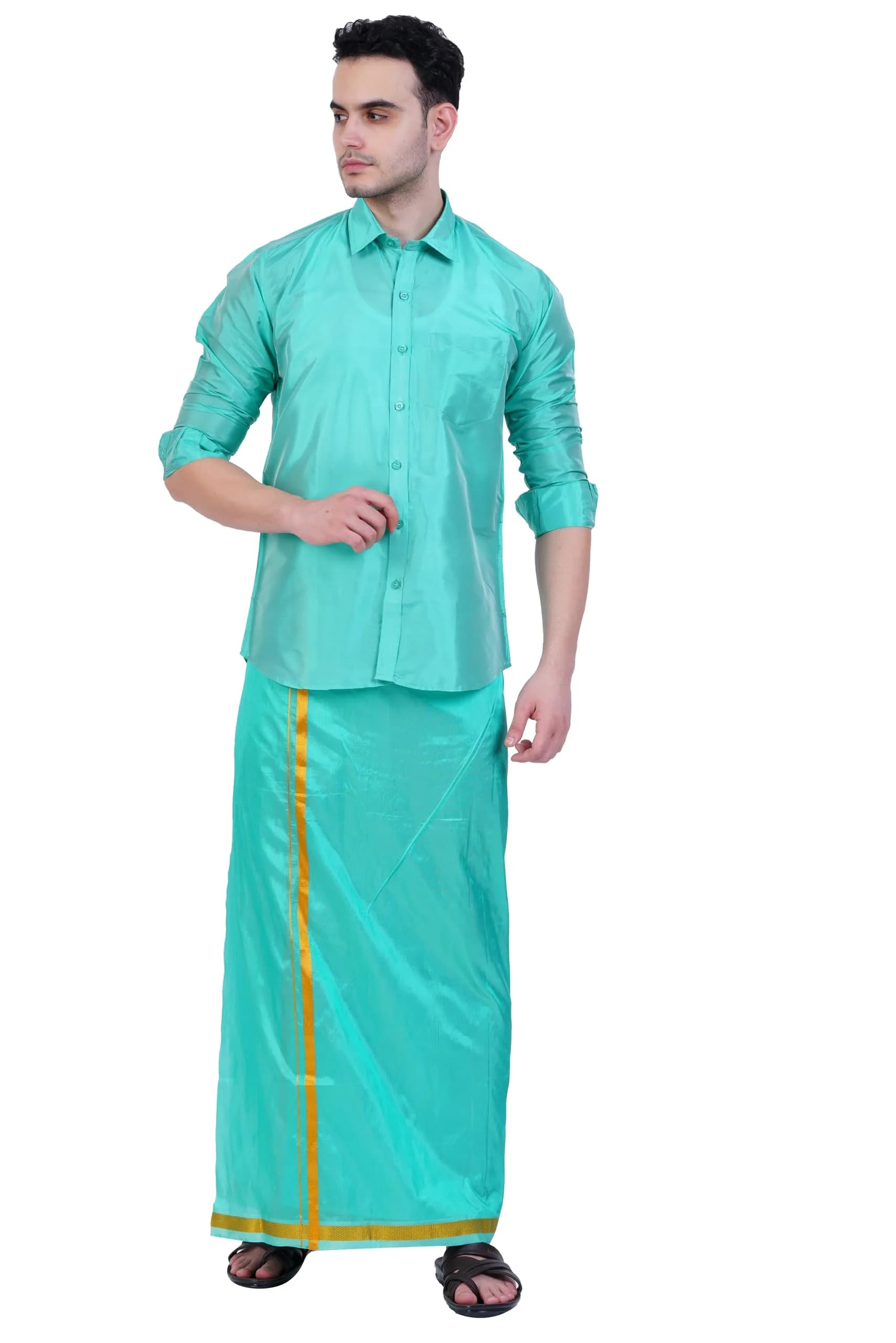 PRAKASAM COTTON Men's Art Silk Wedding Dhoti & Shirt Set (Rexona Green, 8 Yard Dhoti + 38 Size Shirt) | Traditional Indian Attire - main product image