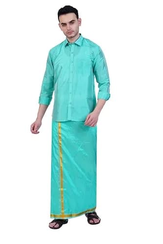 PRAKASAM COTTON Men's Art Silk Wedding Dhoti & Shirt Set (Rexona Green, 8 Yard Dhoti + 38 Size Shirt) | Traditional Indian Attire thumbnail 2