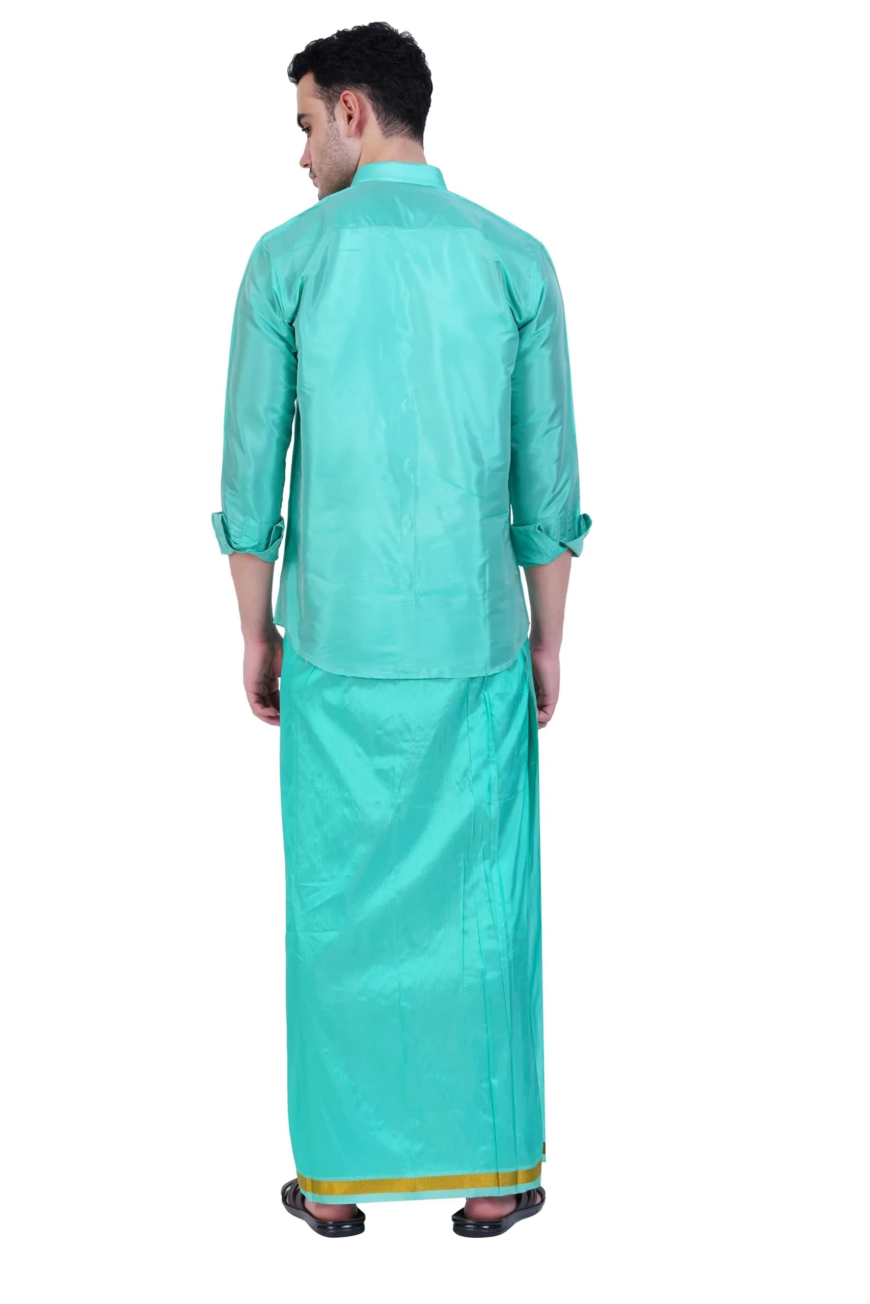 PRAKASAM COTTON Men's Art Silk Wedding Dhoti & Shirt Set (Rexona Green, 8 Yard Dhoti + 38 Size Shirt) | Traditional Indian Attire - view 3