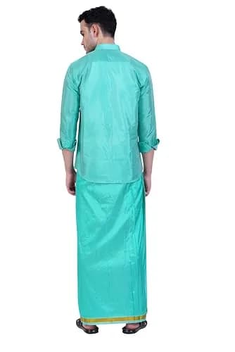 PRAKASAM COTTON Men's Art Silk Wedding Dhoti & Shirt Set (Rexona Green, 8 Yard Dhoti + 38 Size Shirt) | Traditional Indian Attire thumbnail 3