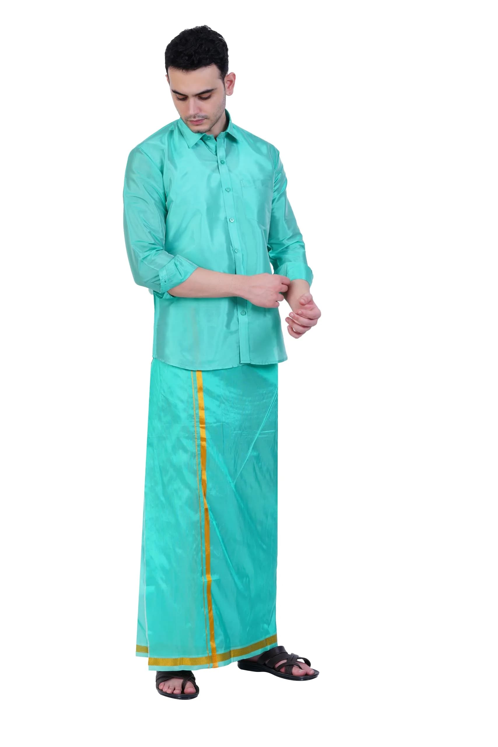 PRAKASAM COTTON Men's Art Silk Wedding Dhoti & Shirt Set (Rexona Green, 8 Yard Dhoti + 38 Size Shirt) | Traditional Indian Attire - view 4