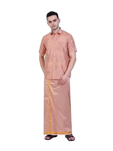 PRAKASAM COTTON Men's Art Silk Wedding Dhoti & Shirt Set 8 Yard (2.44m) Copper | Authentic Indian Festive Wear thumbnail 1