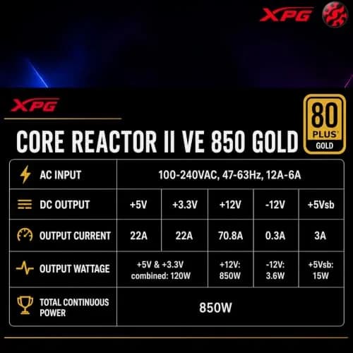 XPG CORE REACTOR II VE 850W Power Supply | 80+ Gold, ATX3.1, PCIe5.1, 600W Connector, 140mm Compact thumbnail 5