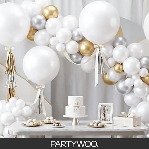 PartyWoo Pearl White Balloons 155pcs Assorted Sizes | Metallic White Color Party Balloons thumbnail 8