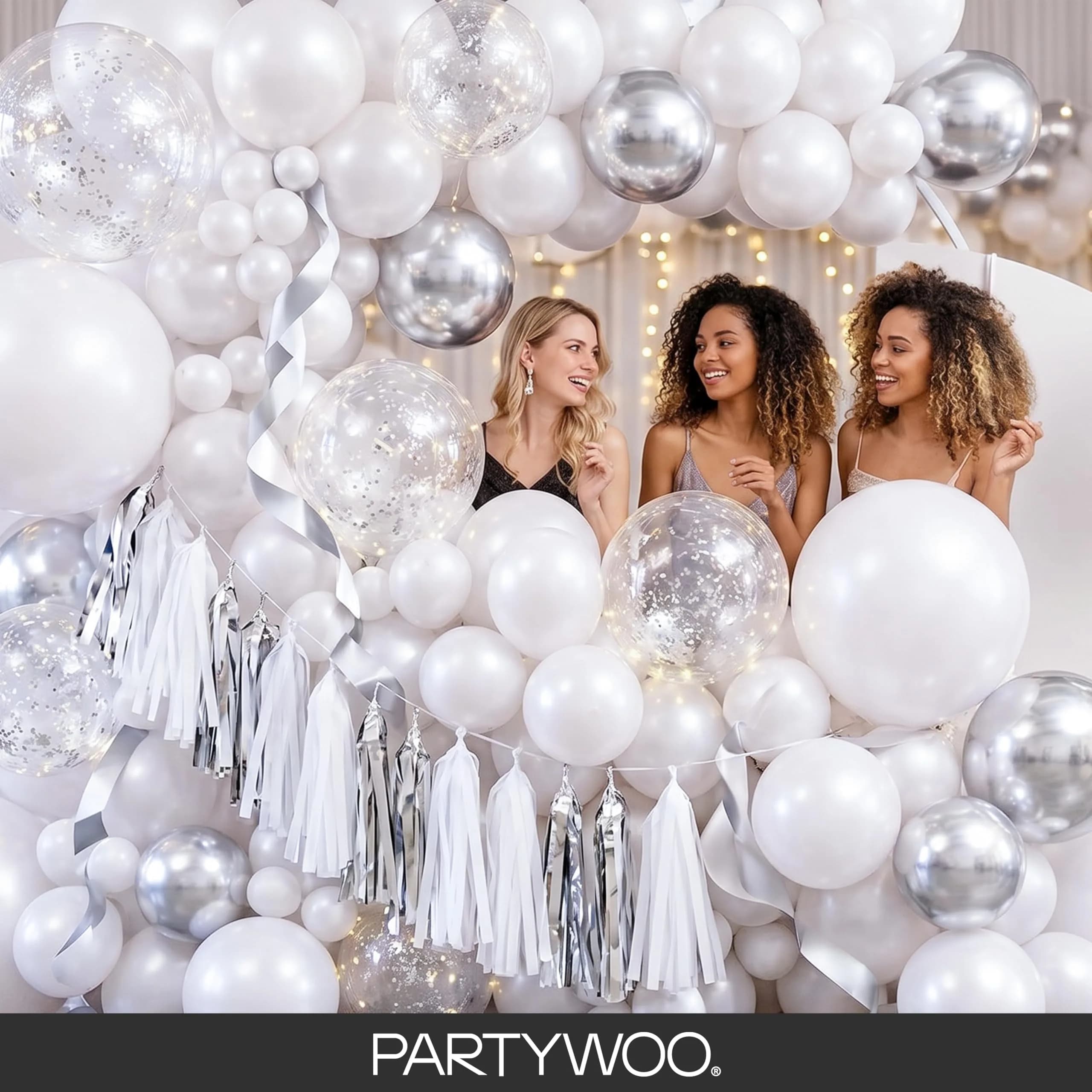 PartyWoo Pearl White Balloons 155pcs Assorted Sizes (5/10/12/18 Inch) | Metallic White Balloon Arch Kit Garland - view 5