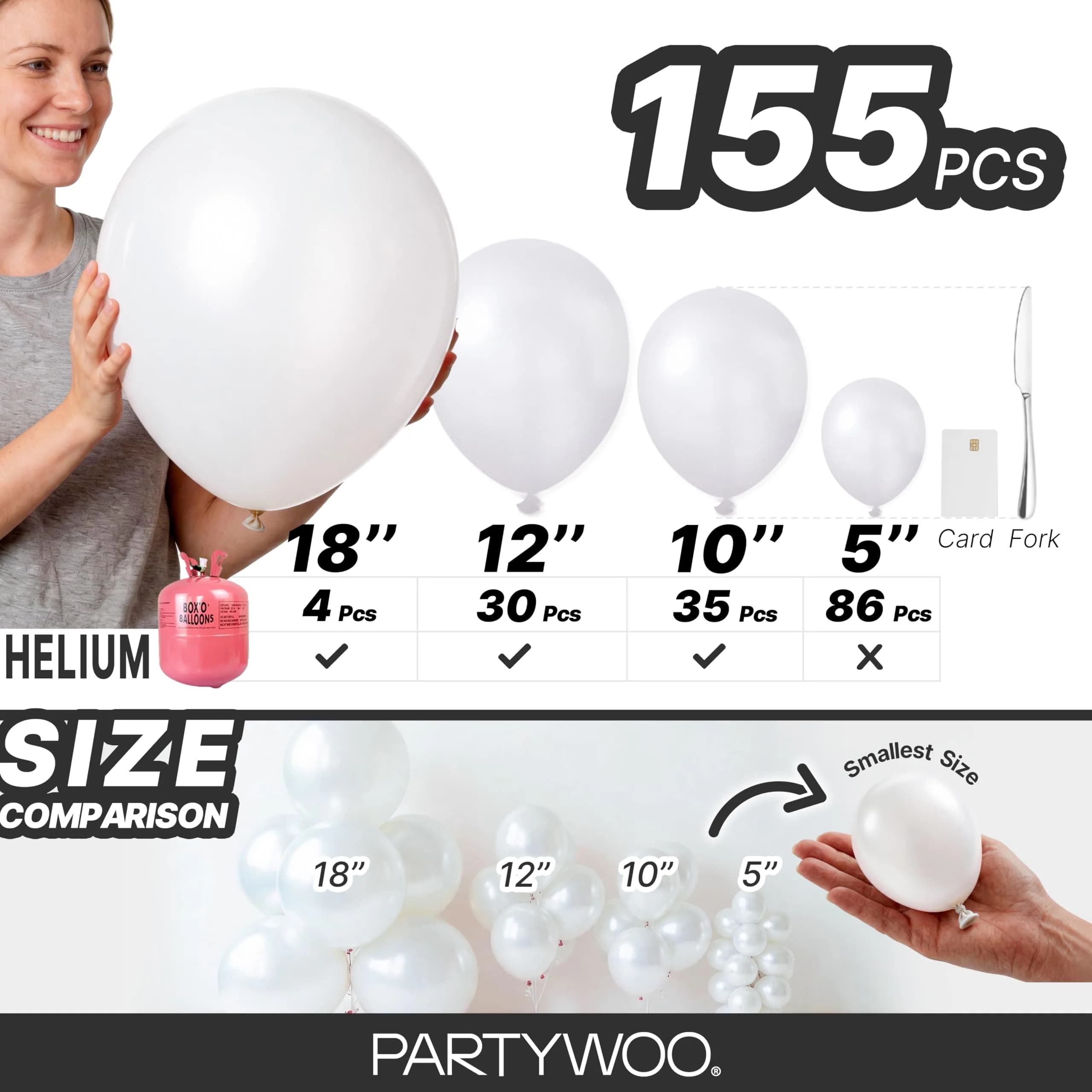 PartyWoo Pearl White Balloons 155pcs Assorted Sizes (5/10/12/18 Inch) | Metallic White Balloon Arch Kit Garland - view 6