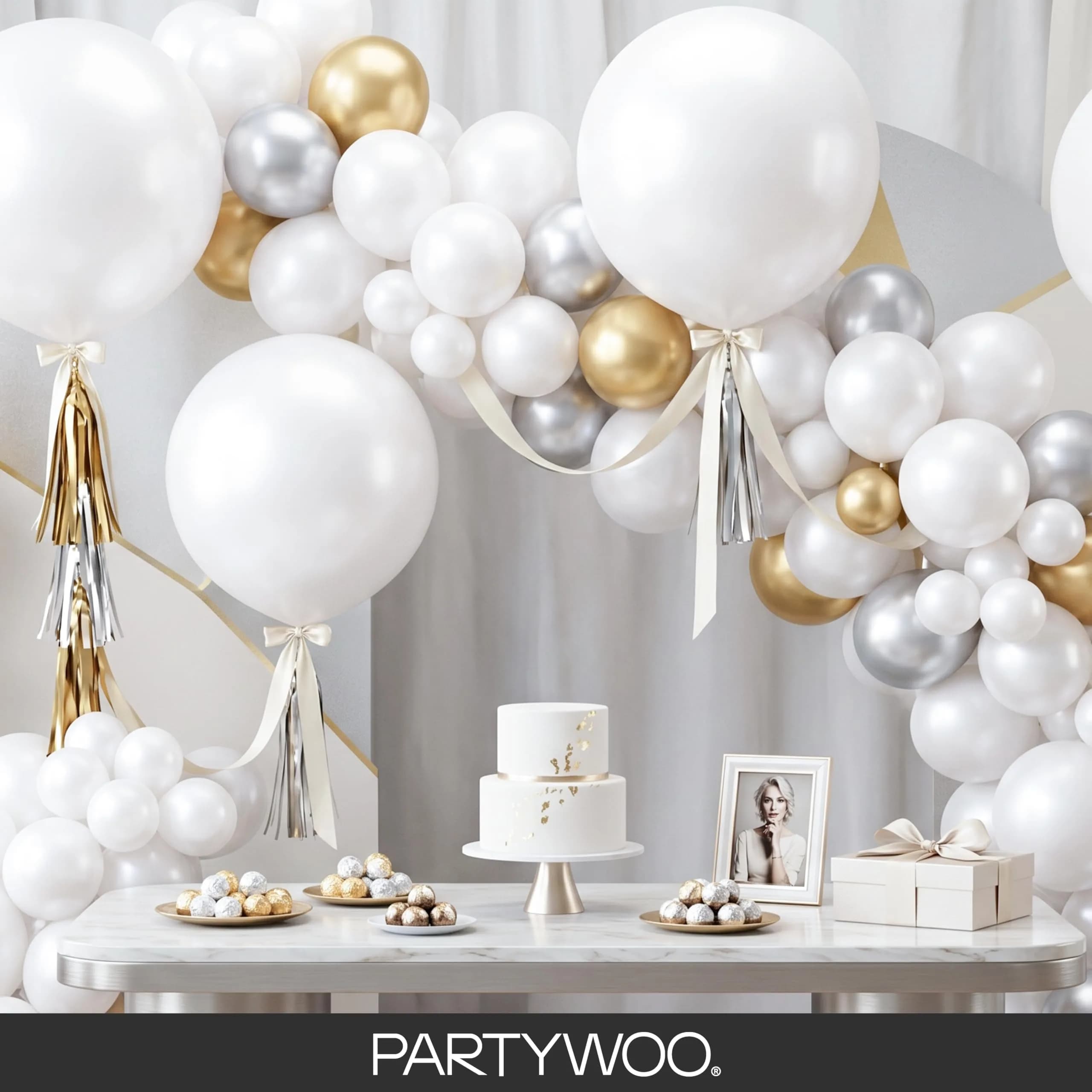 PartyWoo Pearl White Balloons 155pcs Assorted Sizes (5/10/12/18 Inch) | Metallic White Balloon Arch Kit Garland - view 8