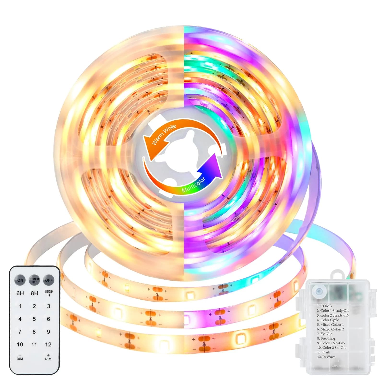echosari LED Strip Lights 3.05m (10ft) Dual Color Changing (Warm White & Multicolor) with Remote | Battery Operated, Cuttable for Bedroom Party Decor - main product image