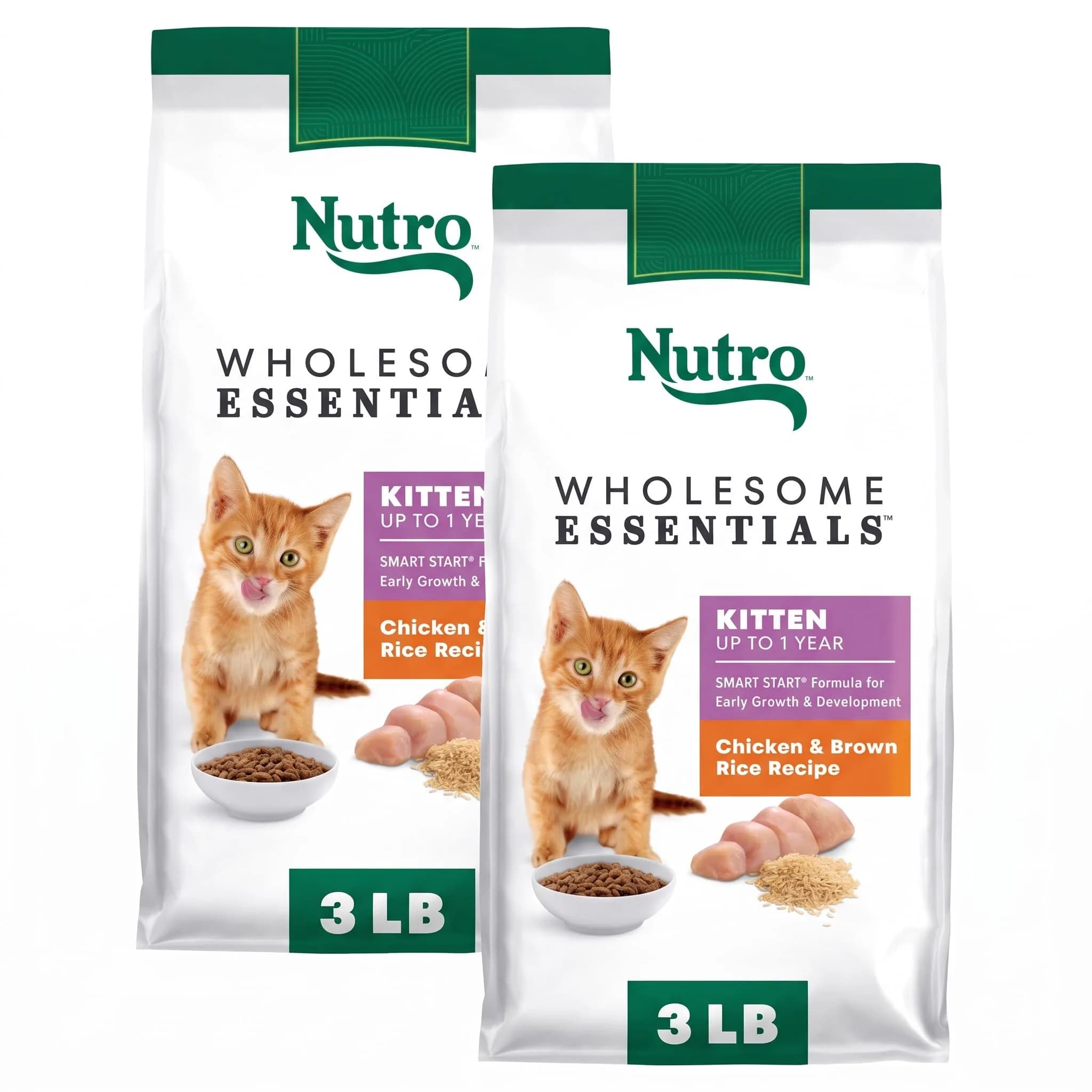 Nutro Wholesome Essentials Kitten Natural Dry Cat Food for Early Development Farm-Raised Chicken & Brown Rice Recipe, 3 lb. Bag (Pack of 2) | Supports Growth & Immunity - main product image