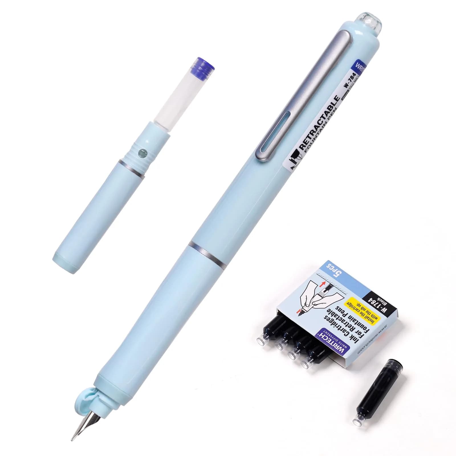 WRITECH Retractable Fountain Pen - Blue Body, Fine Nib (0.3mm) with Black Ink - main product image
