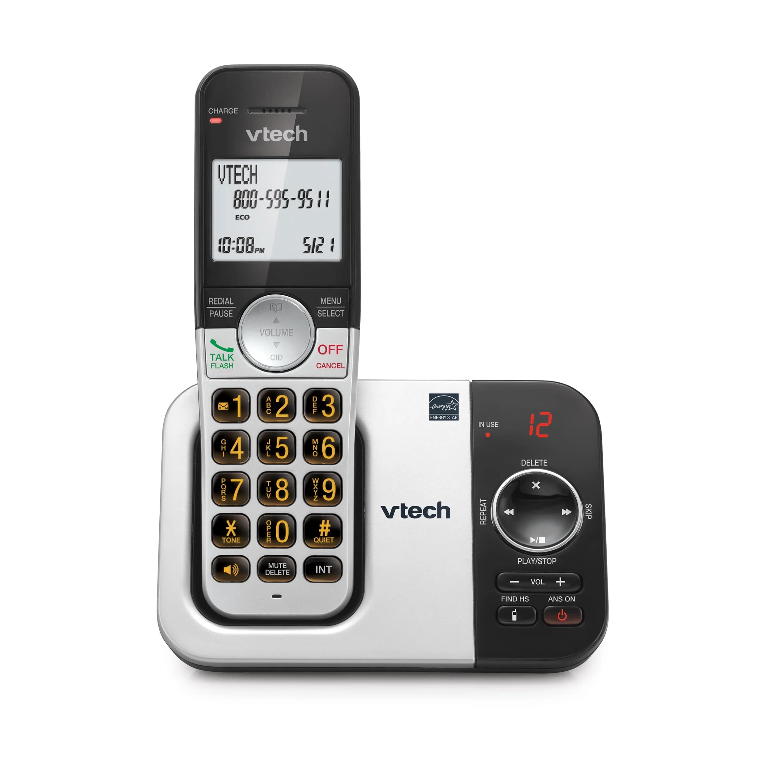 VTech VG232 Cordless Home Phone with Answering Machine, Large Backlit Display & Big Buttons | DECT 6.0 — Silver, Black