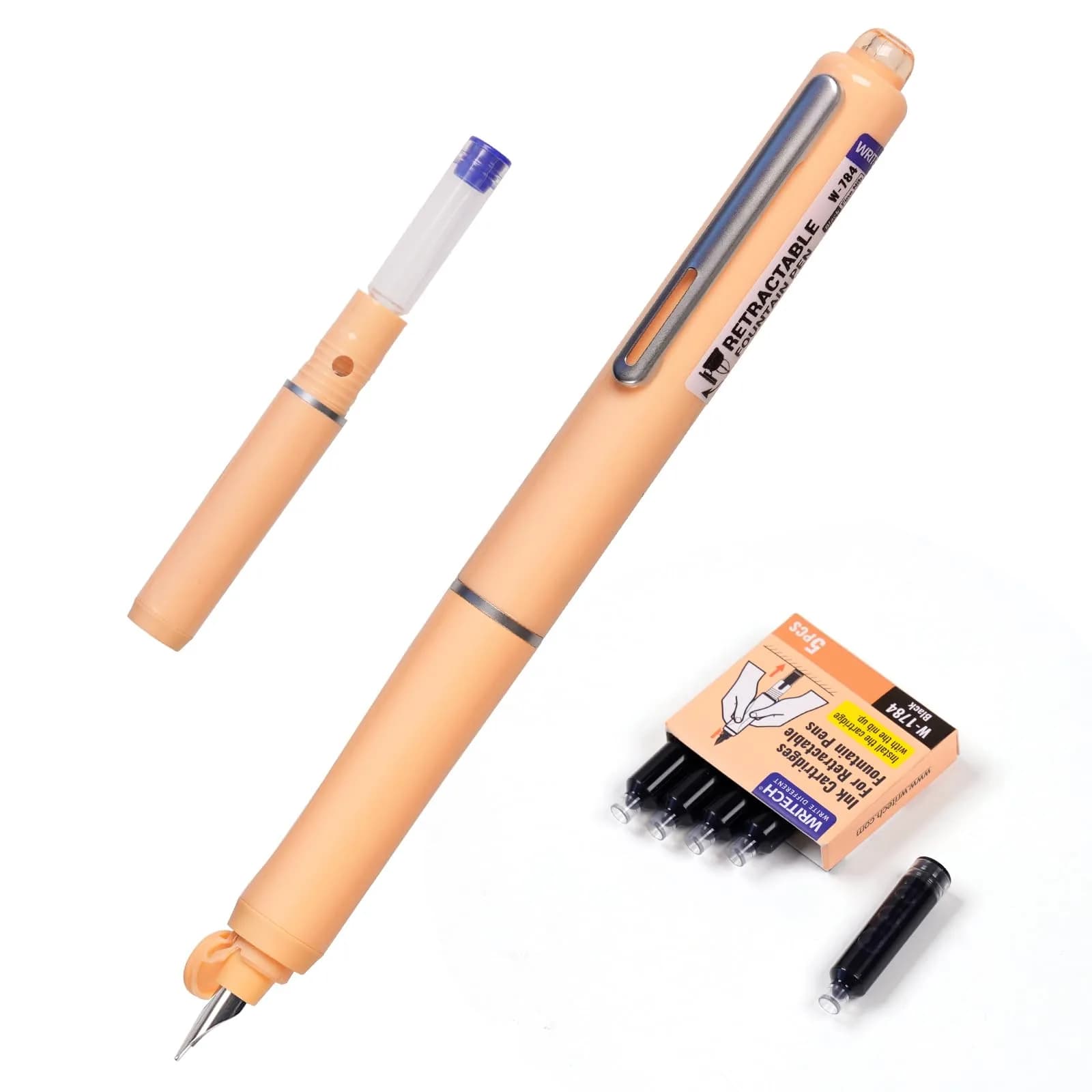 WRITECH Clictek Retractable Fountain Pen Fine Black Ink with 5 Cartridges | Smooth Ink Flow for Students & Office — Multicolor