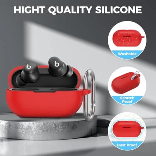 AHASTYLE Silicone Case for Beats Solo Buds (2024) | Red Protective Cover with Carabiner thumbnail 5