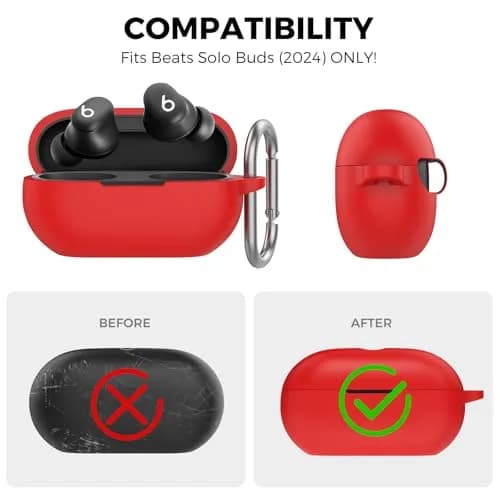 AHASTYLE Silicone Case for Beats Solo Buds (2024) | Red Protective Cover with Carabiner thumbnail 2
