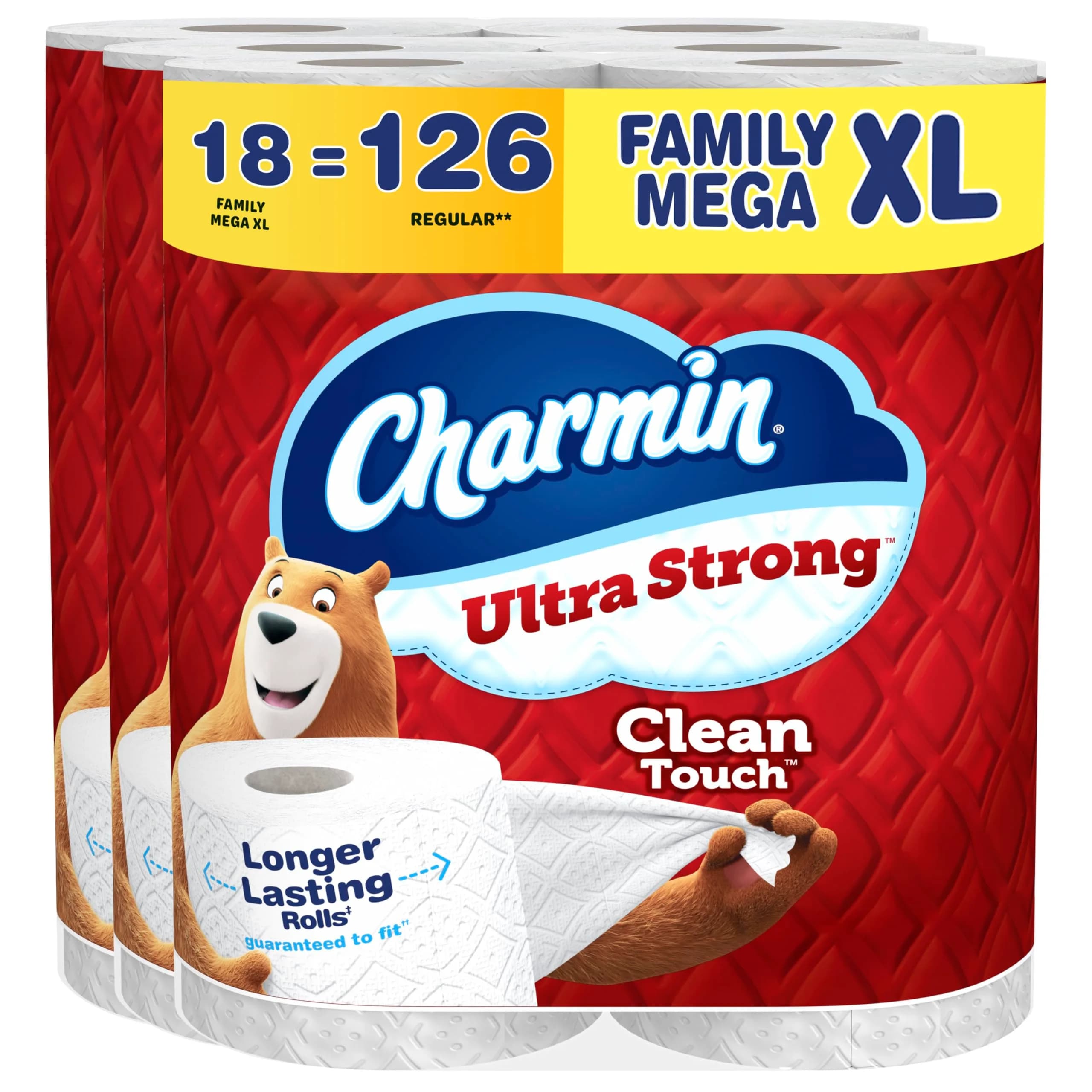 Charmin Ultra Strong Clean Touch Toilet Paper, 18 Family Mega XL Rolls (6930 Sheets Total) | 4X Stronger When Wet — 18 Rolls (385 Sheets)