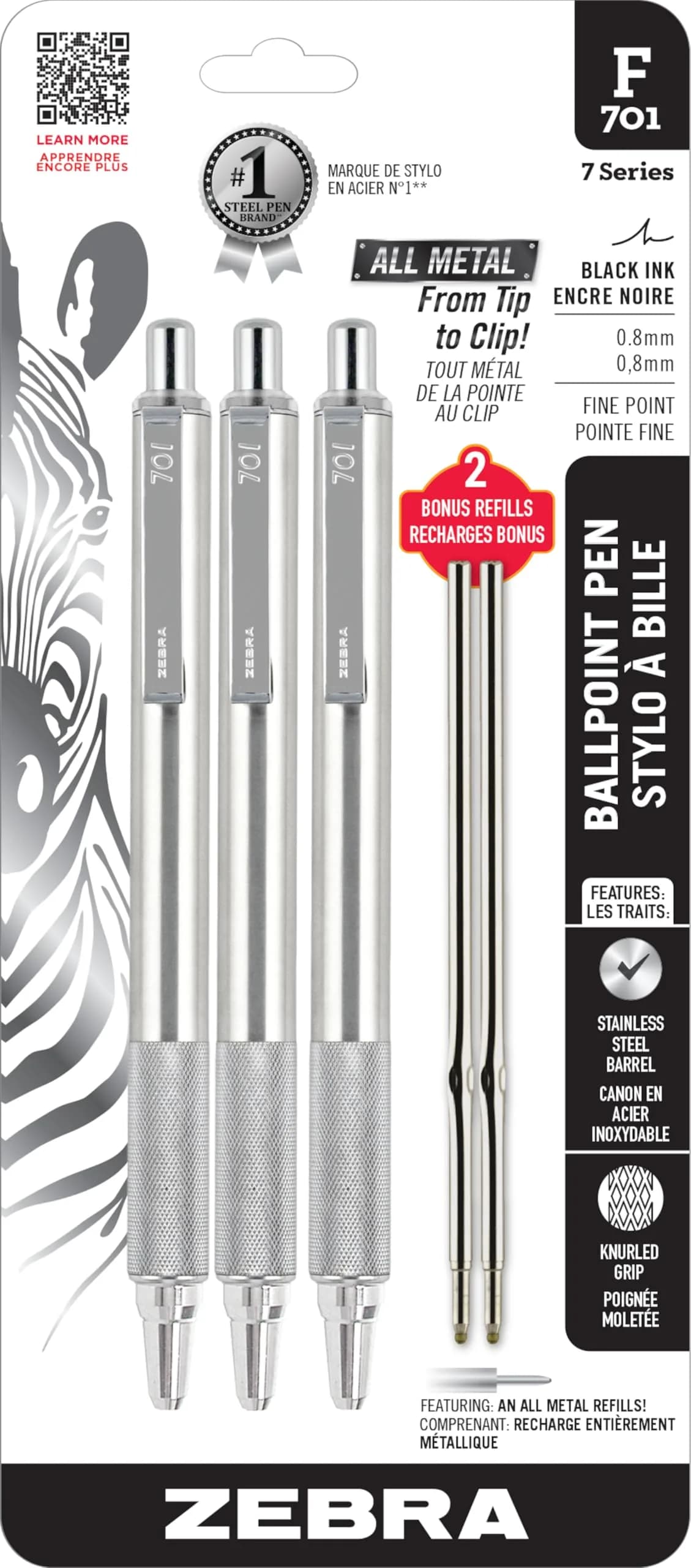 Zebra Pen STEEL F-701 Retractable Ballpoint Pen, Black B, Black Ink, 0.8mm, 3-Pack - main product image