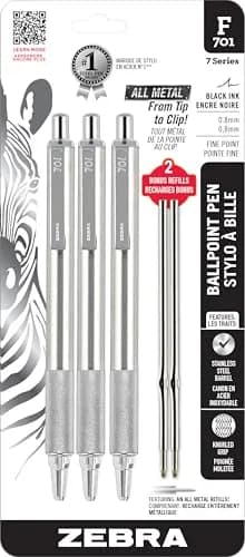 Zebra Pen STEEL F-701 Retractable Ballpoint Pen, Black Ink, 0.8mm, 1-Pack | Smooth Writing Metal Pen — Black B