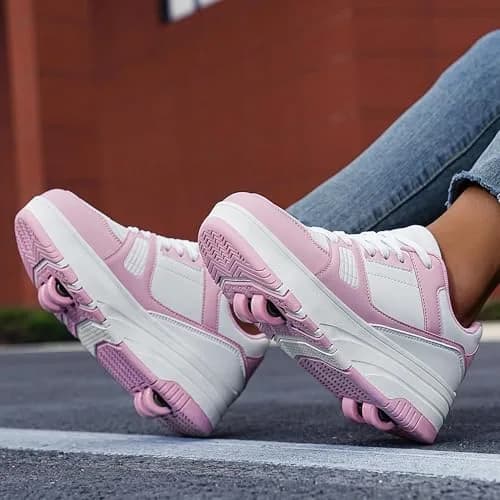 ANEFUN Kids Roller Skate Shoes 1.5 Little Kid Pink-White | Detachable 4-Wheel Sneakers thumbnail 2