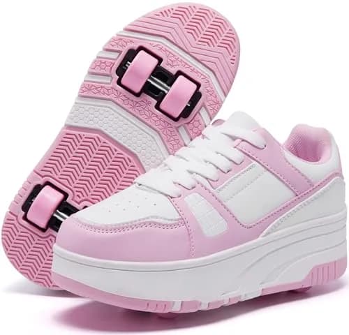 ANEFUN Kids Roller Skate Shoes Pink-White 1135 | Detachable 4-Wheel Safety Sneakers thumbnail 1