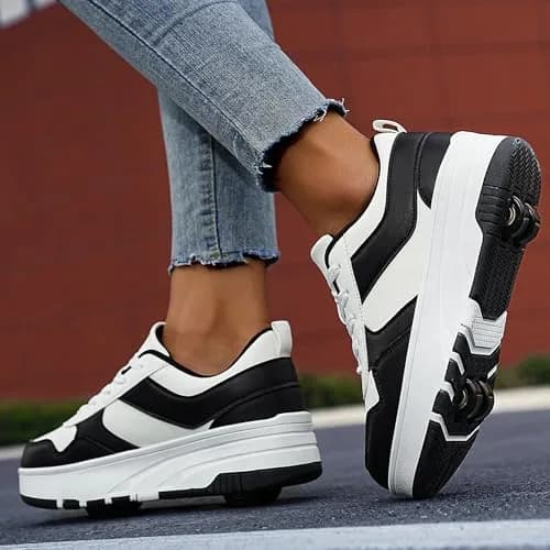 ANEFUN Detachable Roller Skate Shoes for Kids Girls Boys, Black-White 1136, Size 3 Little Kid | Multifunctional Fashion Sneakers with Wheels thumbnail 2