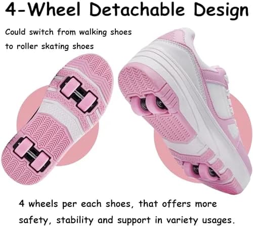 ANEFUN Kids Roller Skate Shoes 3.5 Big Kid Pink-White | Detachable 4-Wheel Design for Safe Fun thumbnail 4