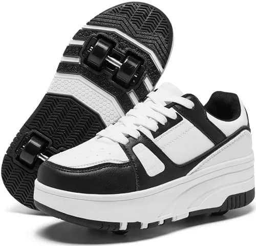 ANEFUN Detachable Roller Skate Shoes for Kids Girls Boys, Black-White 1135, Big Kid 3.5 (20cm) | Multifunctional Fashion Sneakers with Wheels thumbnail 1