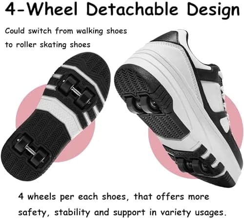 ANEFUN Detachable Roller Skate Shoes for Kids Girls Boys, Black-White 1135, Big Kid 3.5 (20cm) | Multifunctional Fashion Sneakers with Wheels thumbnail 4