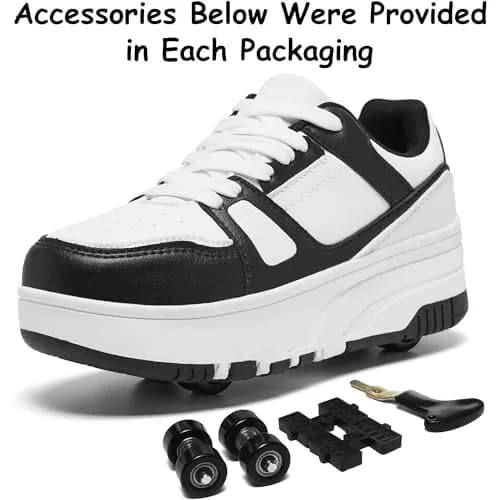ANEFUN Detachable Roller Skate Shoes for Kids Girls Boys, Black-White 1135, Big Kid 3.5 (20cm) | Multifunctional Fashion Sneakers with Wheels thumbnail 5
