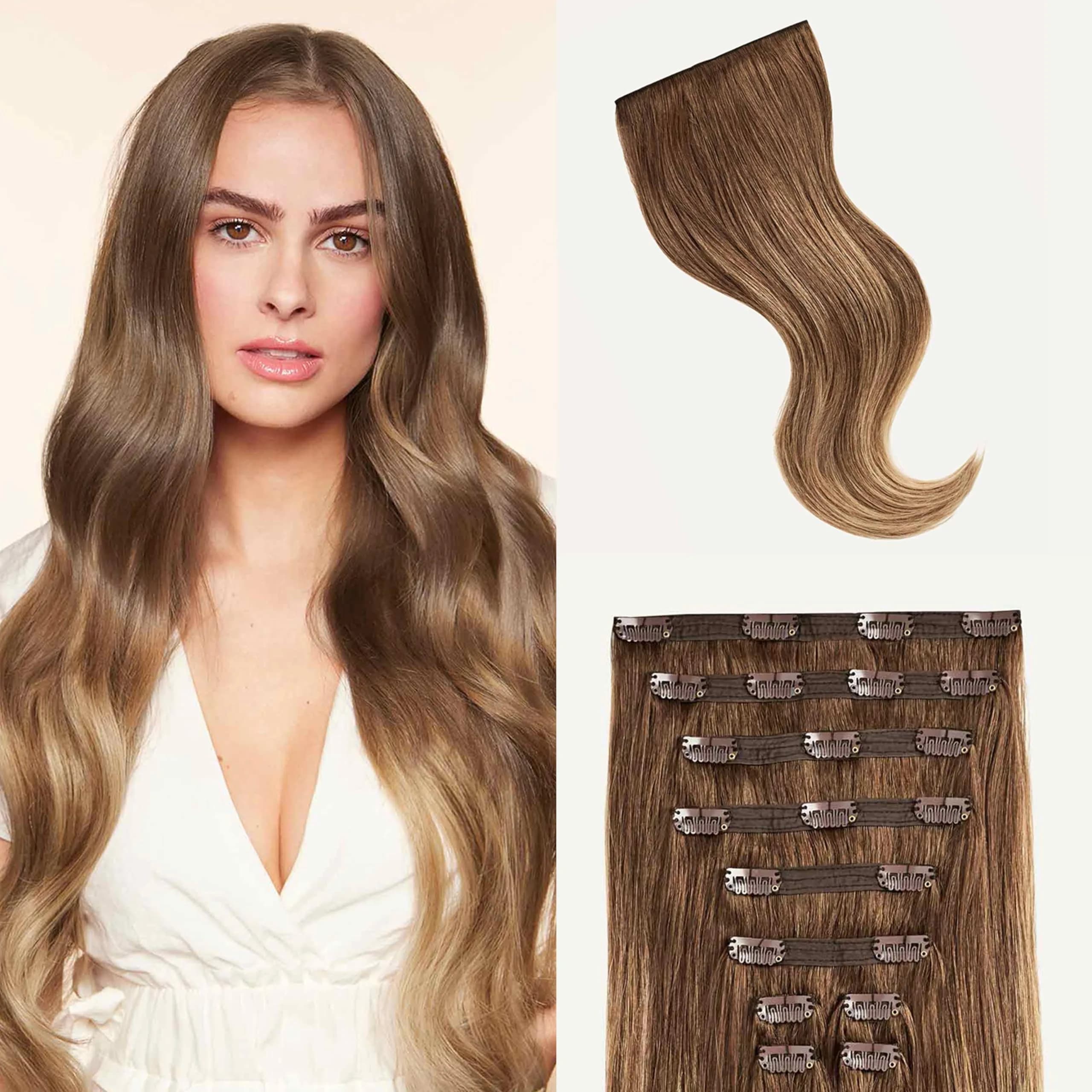 LUXY Classic Clip-In Hair Extensions Chestnut Brown Balayage | 20 Inch, 160g, Natural Blend, Remy Human Hair — Chestnut Brown Balayage / 6T18