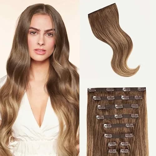 LUXY Classic Clip-In Hair Extensions Chestnut Brown Balayage | 20 Inch, 160g, Natural Blend, Remy Human Hair thumbnail 1