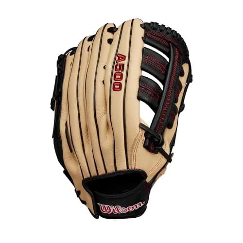 Wilson A500 12.5" Outfield Youth Baseball Glove - Left Hand Throw, Blonde/Red/Black | Lightweight Durability That Lasts thumbnail 2