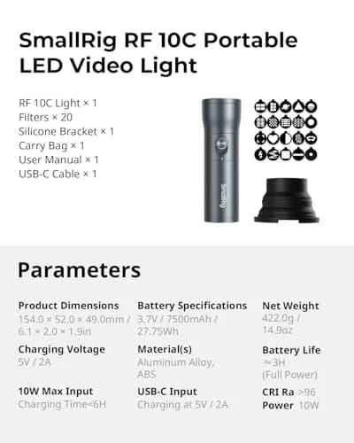 SmallRig RF 10C 10W Zoomable LED Photography Flashlight 154mm (6.1in) | Portable Spotlight for Video & Photography thumbnail 9