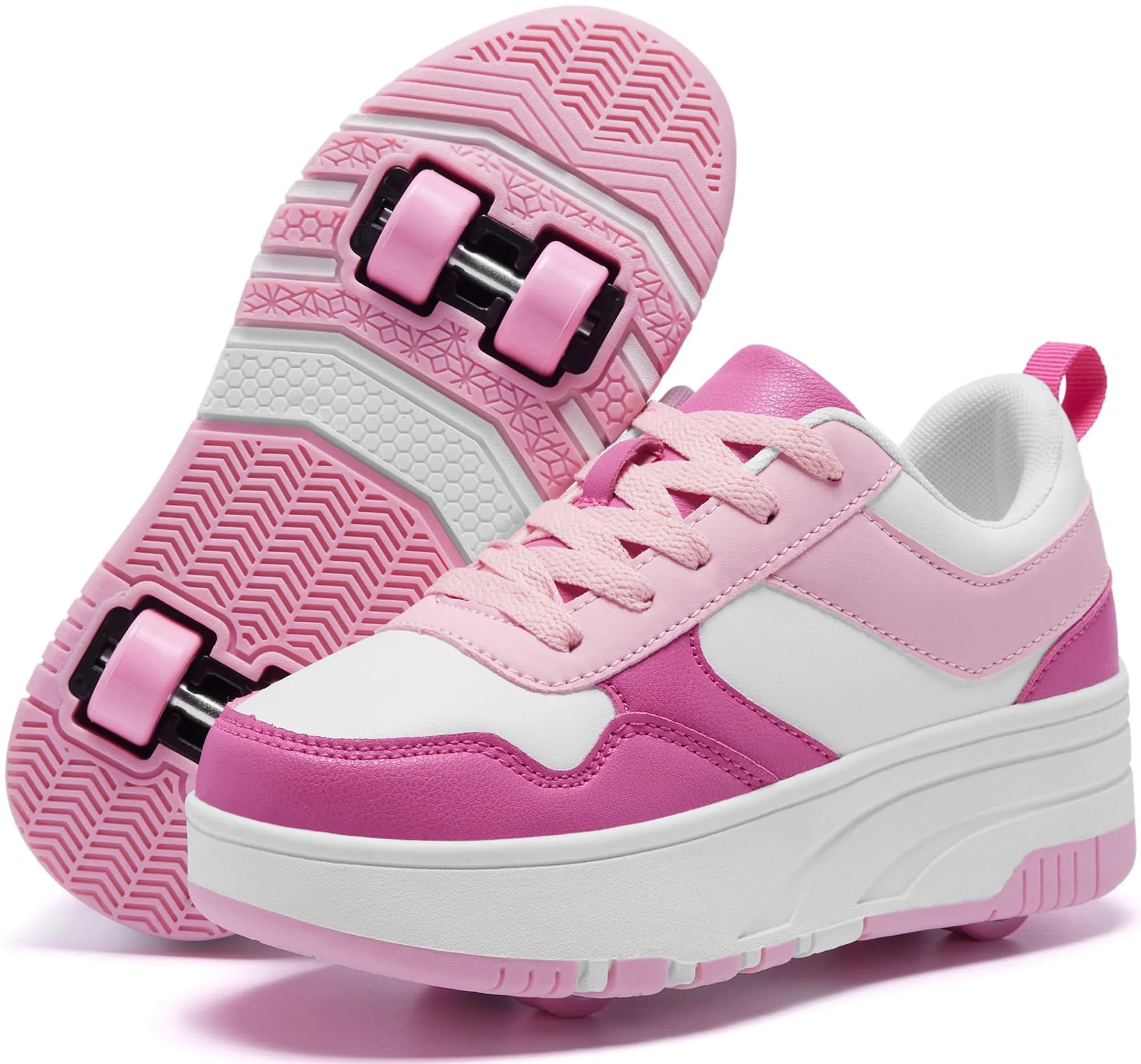 ANEFUN Kids Roller Skate Shoes 12 Little Kid Pink-White | Detachable 4-Wheel Safety Sneakers — Pink-white 1136