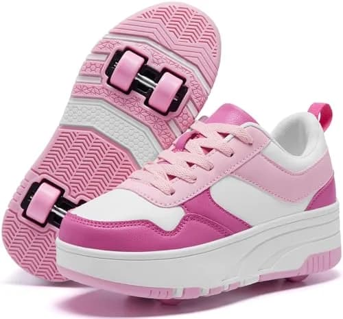 ANEFUN Kids Roller Skate Shoes 12 Little Kid Pink-White | Detachable 4-Wheel Safety Sneakers thumbnail 1
